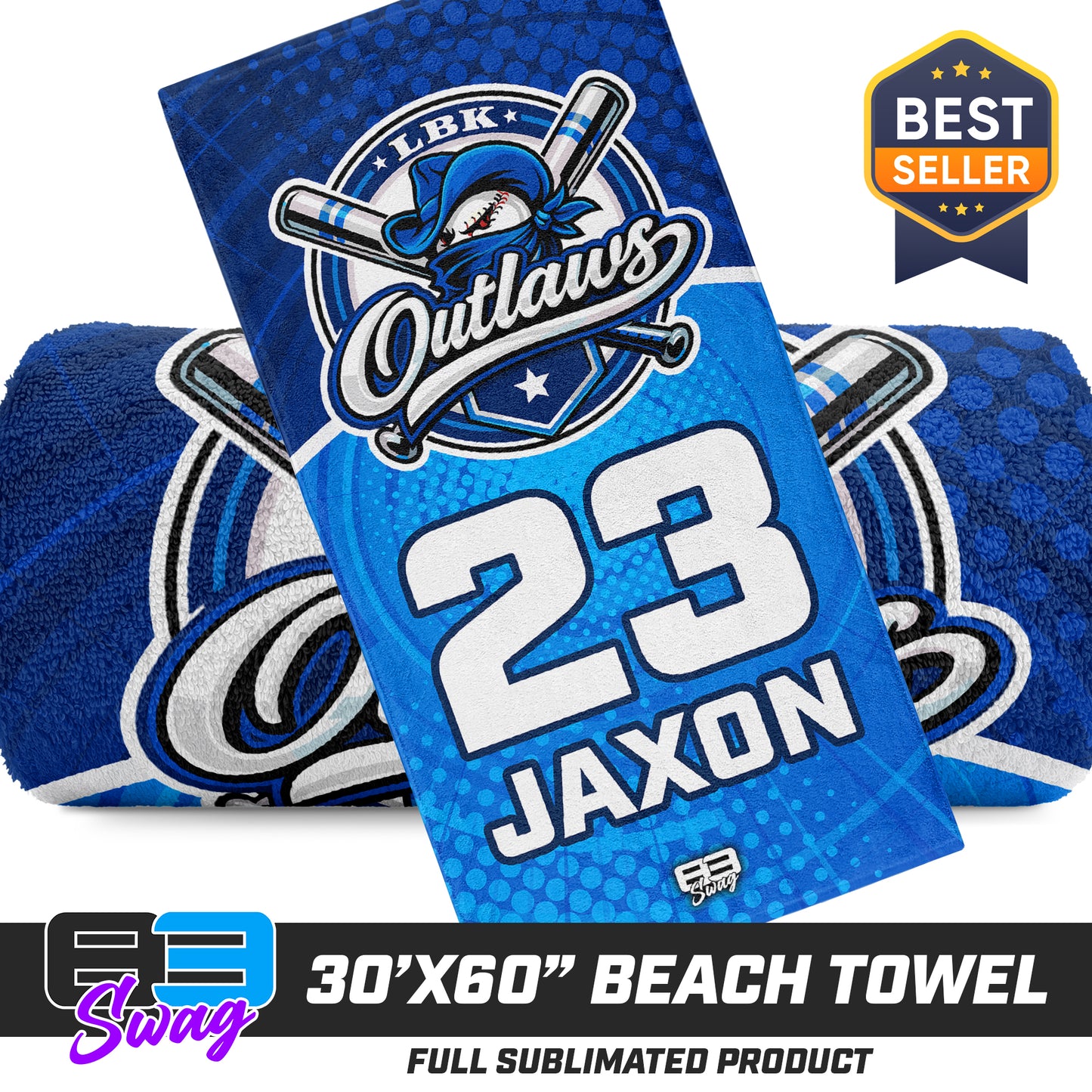 CUSTOM - 30"x60" Beach Towel - LBK Outlaws Baseball