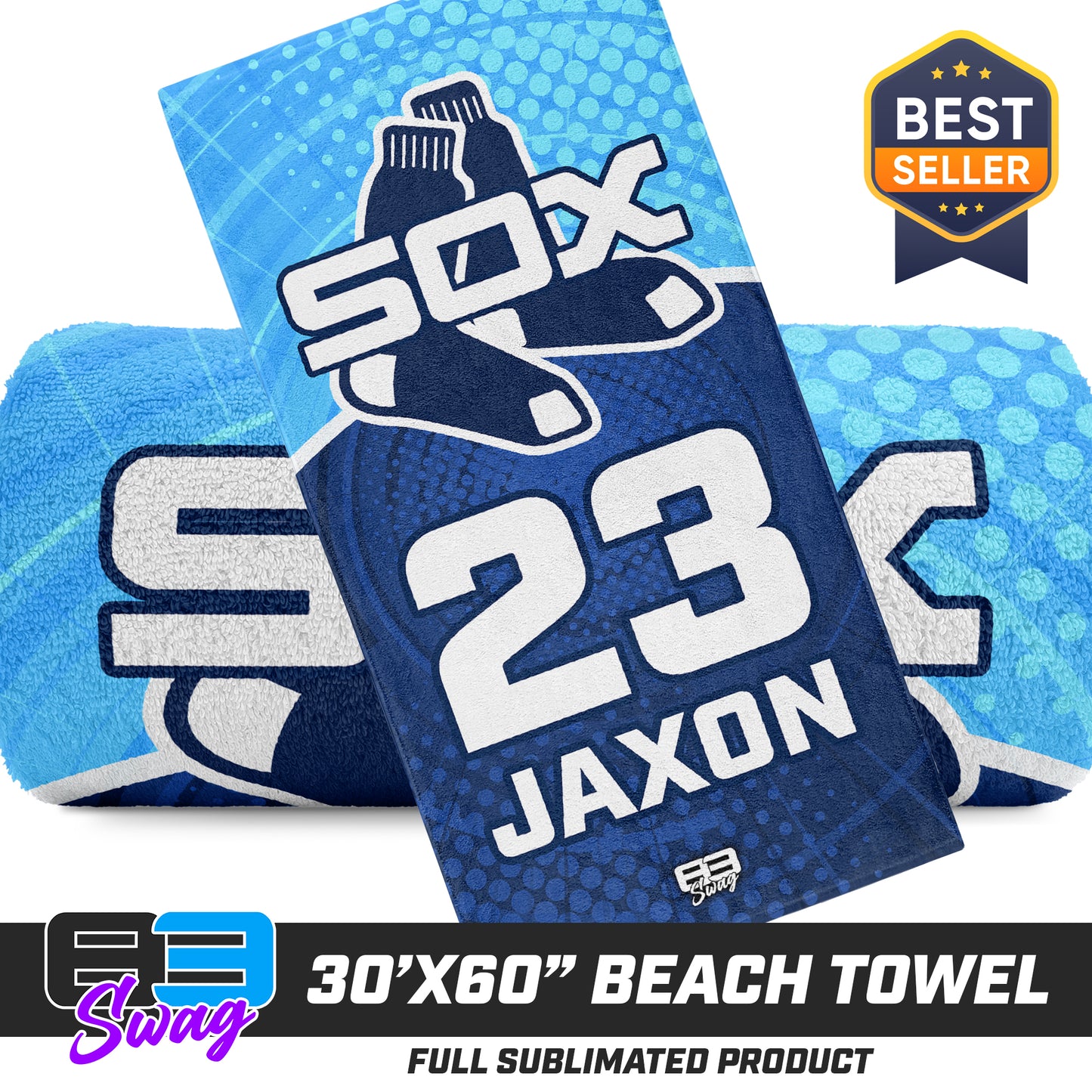 CUSTOM - 30"x60" Beach Towel - Blue Sox Baseball