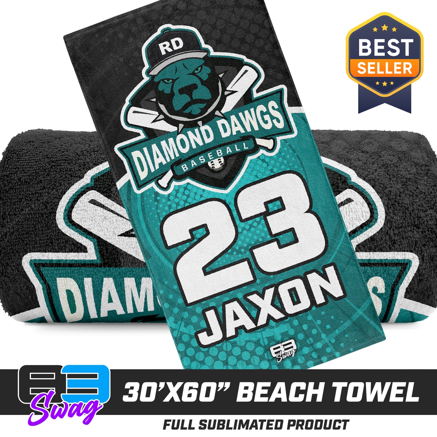 CUSTOM - 30"x60" Beach Towel - Diamond Dawgs Baseball