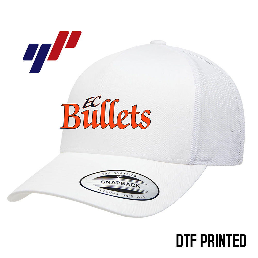 Yupoong 6506 Adult 5-Panel Retro Trucker Cap DTF PRINTED- EC Bullets Softball