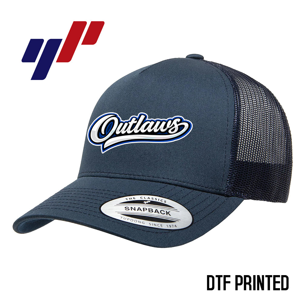 Yupoong 6506 Adult 5-Panel Retro Trucker Cap DTF PRINTED - LBK Outlaws Baseball