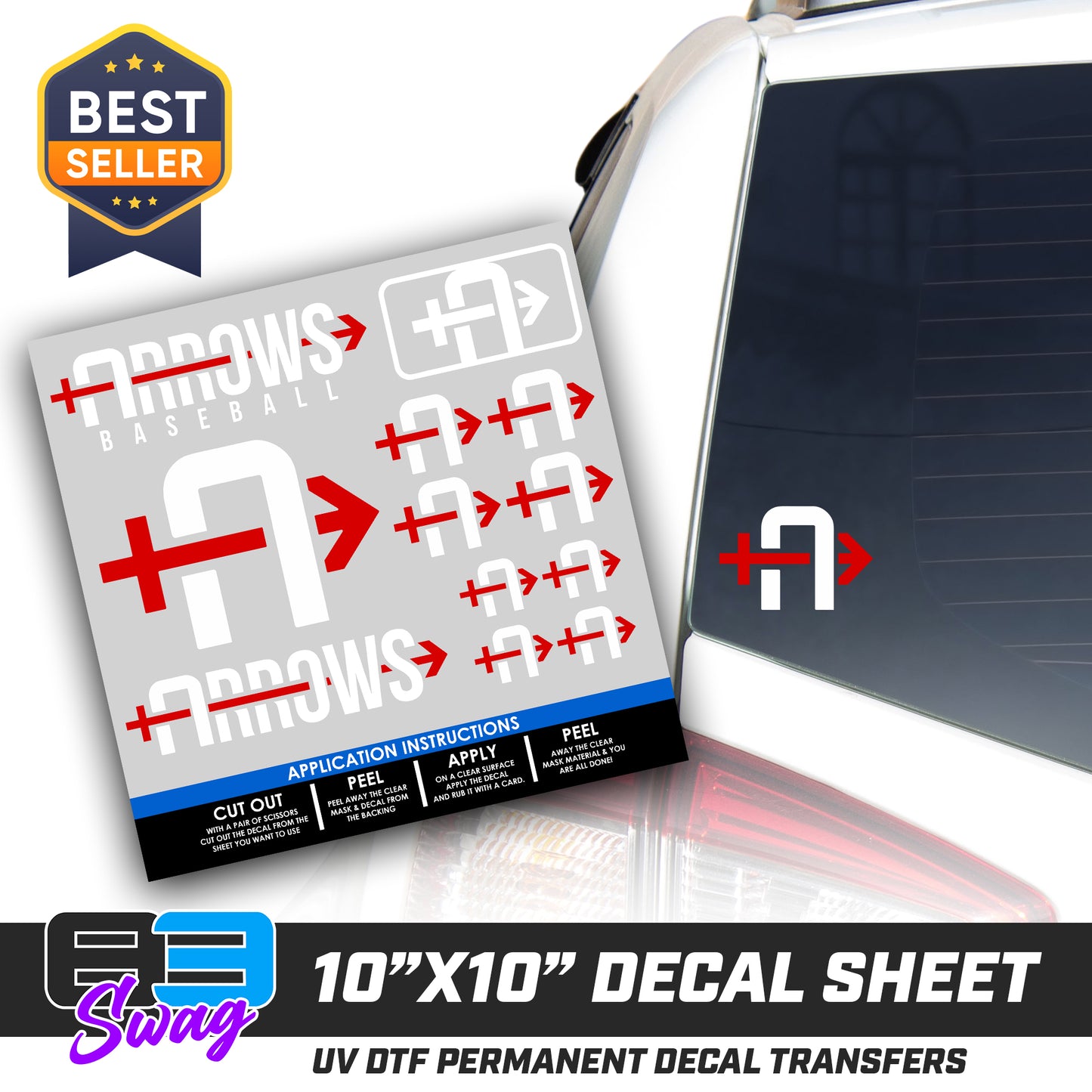 DTF Decal Sheet - 10x10 Sheet - Cut, Peel & Stick! - Arrows Baseball