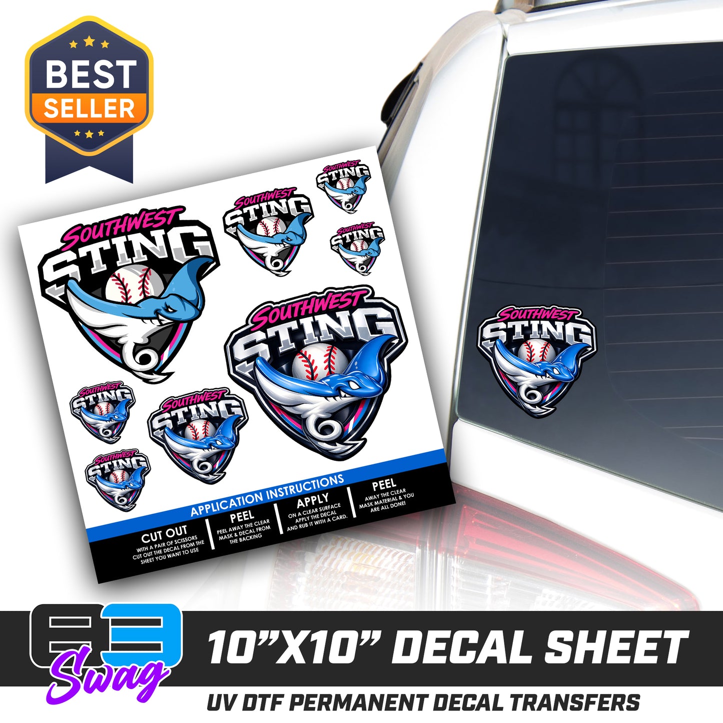 DTF Decal Sheet - 10x10 Sheet - Cut, Peel & Stick! - Southwest Sting Baseball
