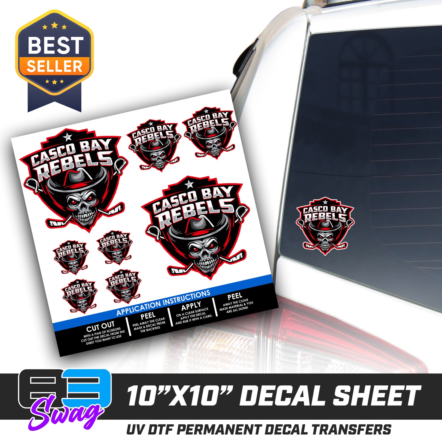 DTF Decal Sheet - 10x10 Sheet - Cut, Peel & Stick! - Casco Bay Rebels Hockey
