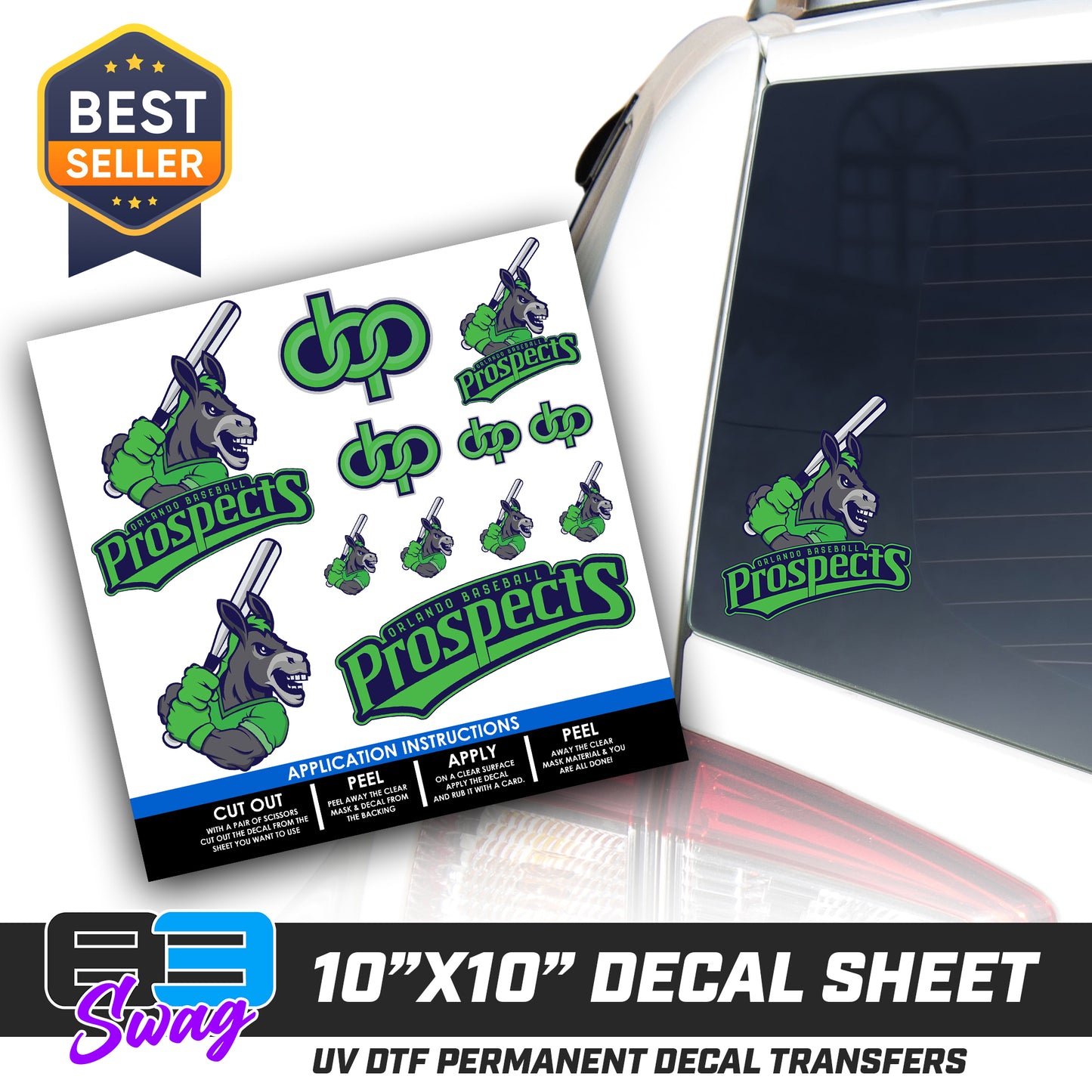 DTF Decal Sheet - 10x10 Sheet - Cut, Peel & Stick! - Orlando Baseball Prospects - OBP - Swamp Donkeys