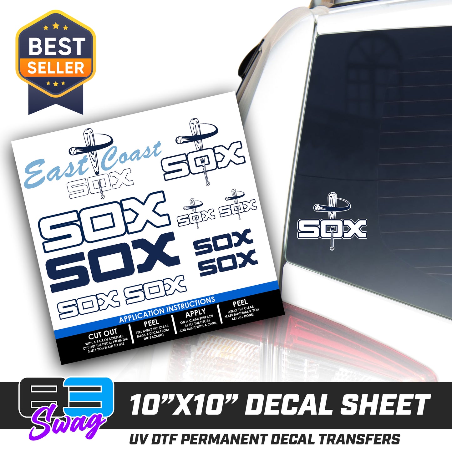 DTF Decal Sheet - 10x10 Sheet - Cut, Peel & Stick! - East Coast Sox Baseball