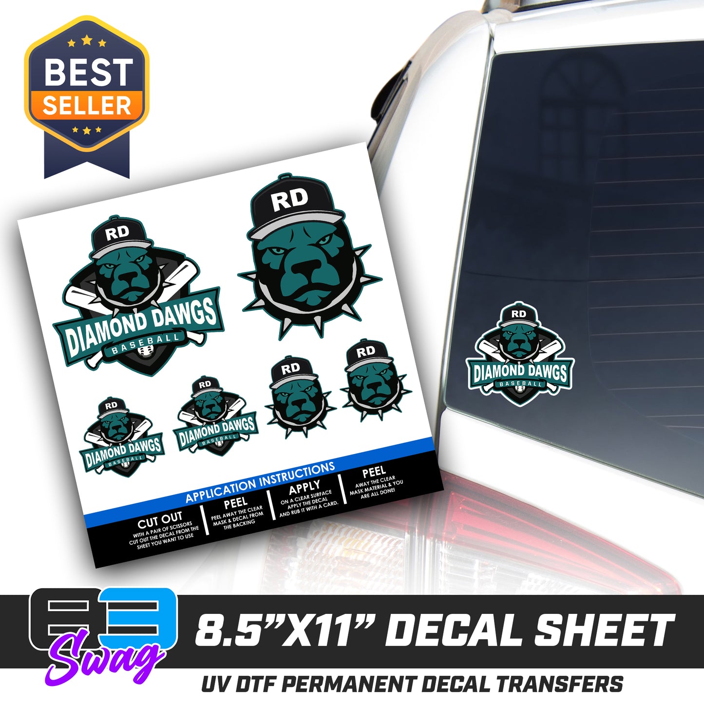 DTF Decal Sheet - 10x10 Sheet - Cut, Peel & Stick! - Diamond Dawgs Baseball