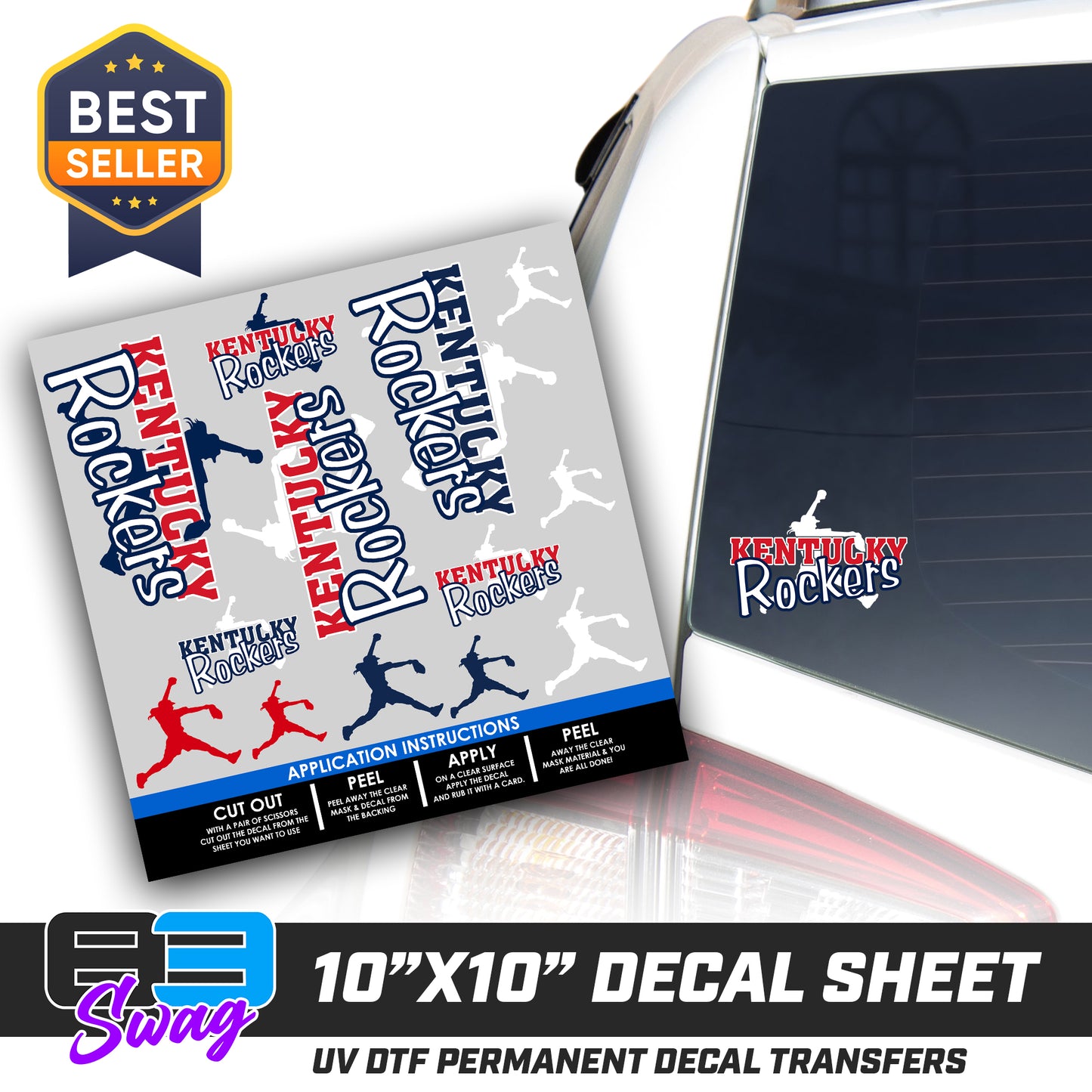 DTF Decal Sheet - 10x10 Sheet - Cut, Peel & Stick! - KY Rockers Softball