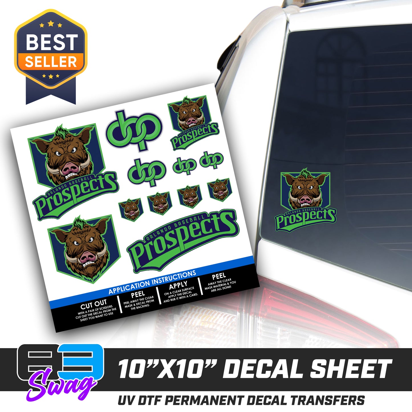 DTF Decal Sheet - 10x10 Sheet - Cut, Peel & Stick! - Orlando Prospects Baseball - OBP - War Hogs