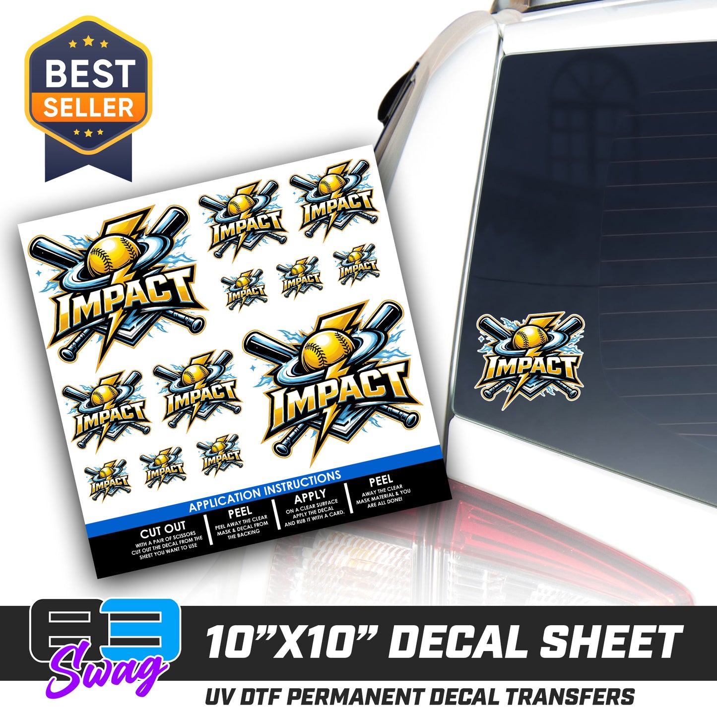 DTF Decal Sheet - 10x10 Sheet - Cut, Peel & Stick! - Impact Softball - Massachusetts