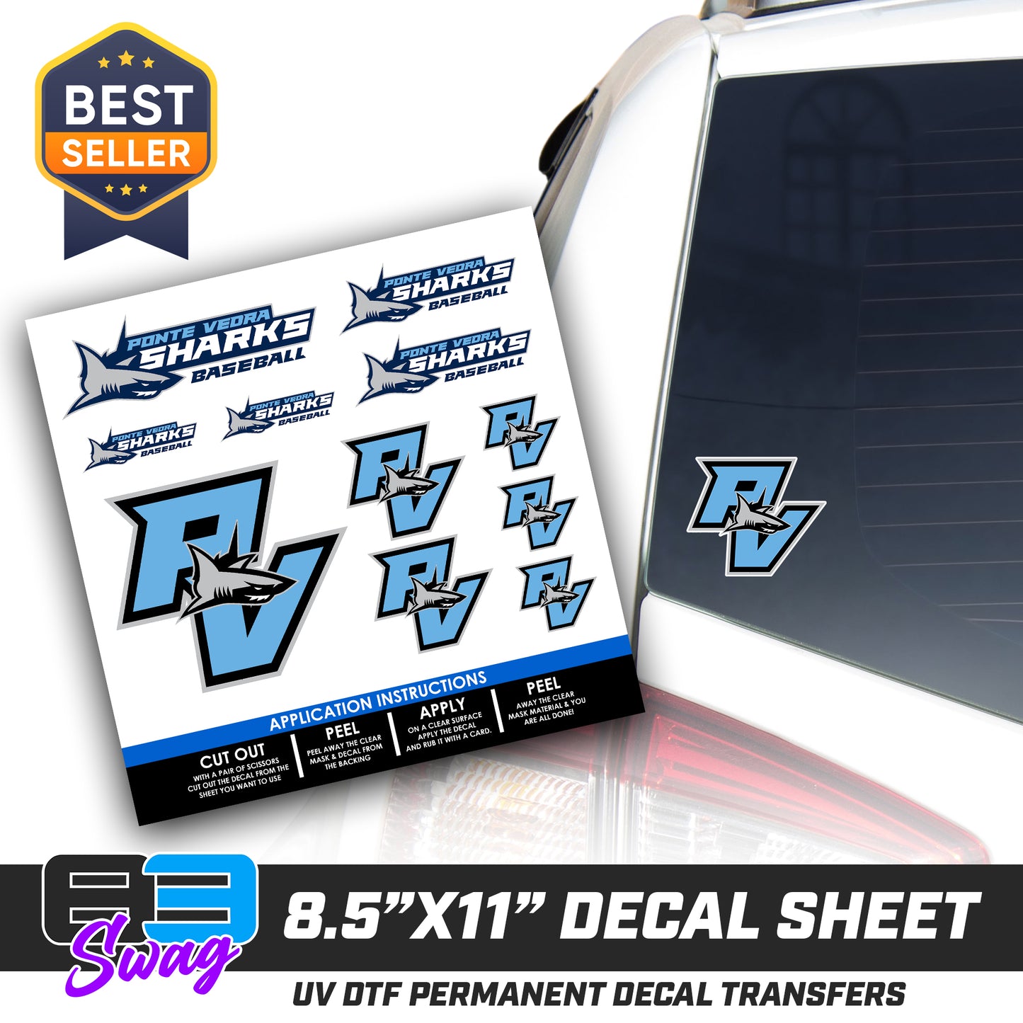 DTF Decal Sheet - 10x10 Sheet - Cut, Peel & Stick! - PVAA Sharks Baseball