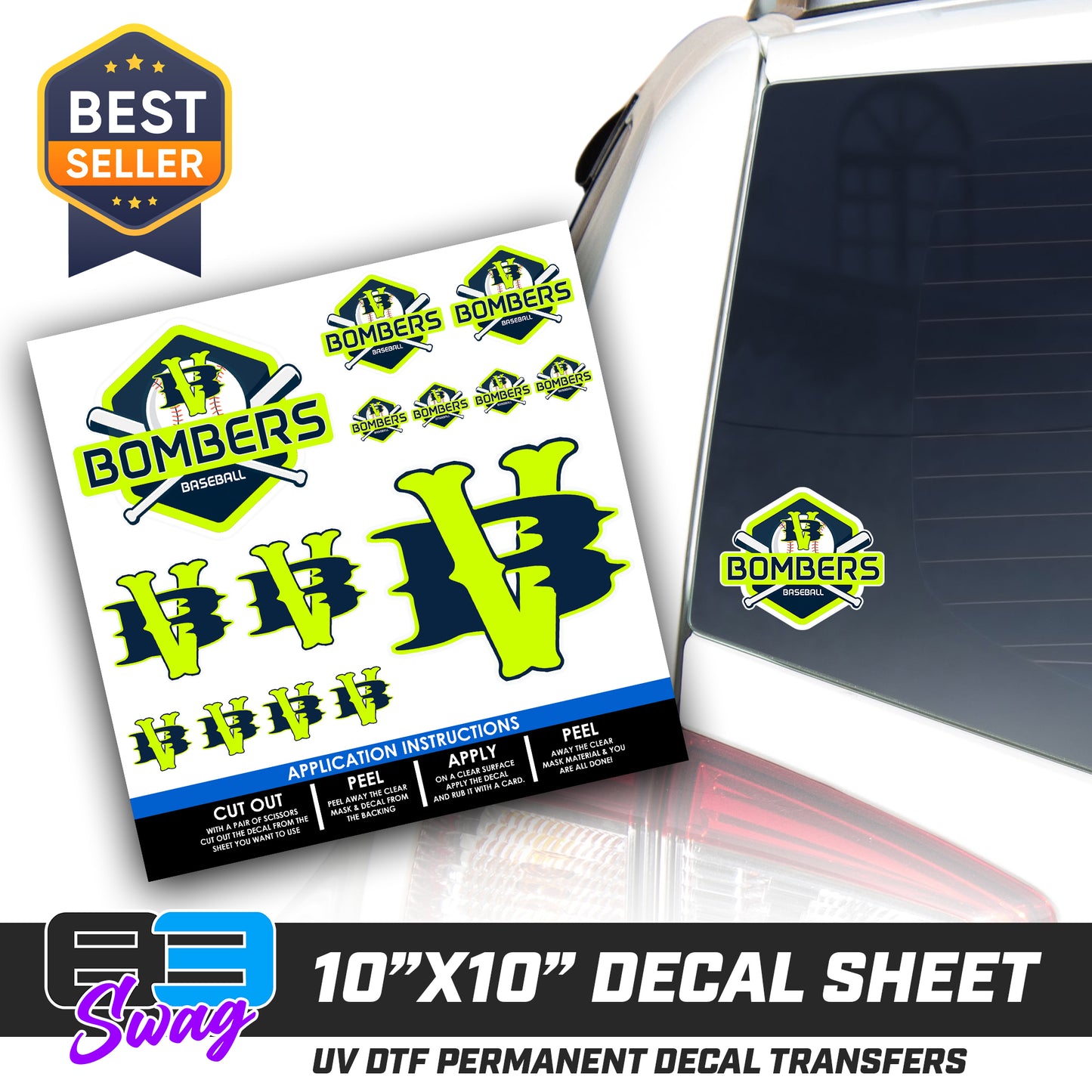 DTF Decal Sheet - 10x10 Sheet - Cut, Peel & Stick! - VB Bombers Baseball