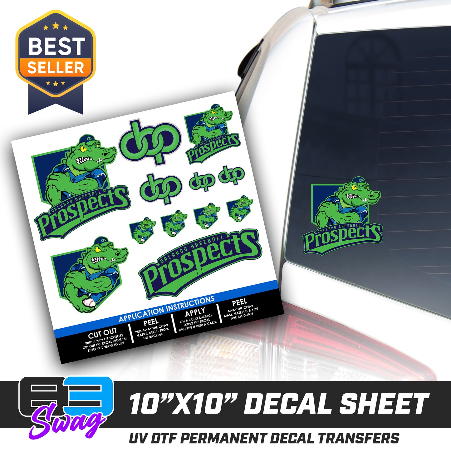 DTF Decal Sheet - 10x10 Sheet - Cut, Peel & Stick! - Orlando Prospects Baseball - OBP - Swamp Kings