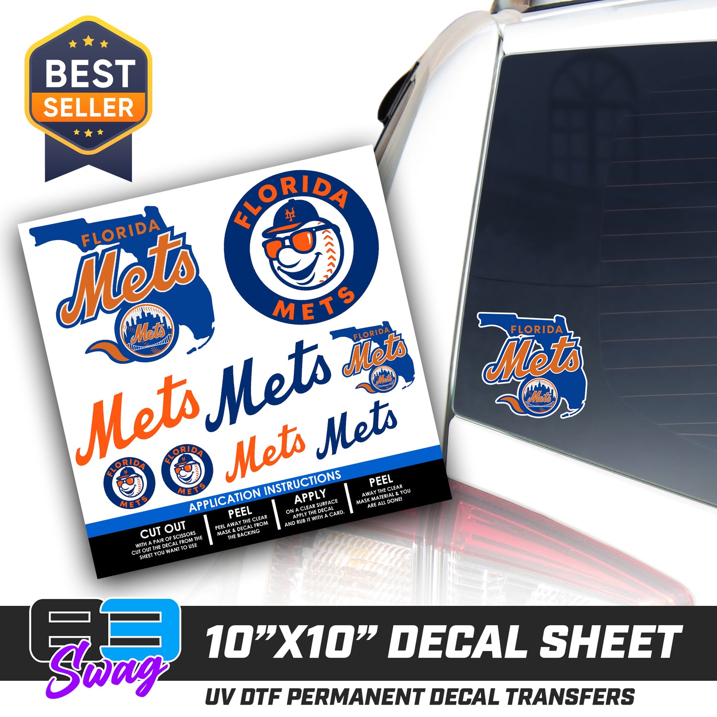 DTF Decal Sheet - 10x10 Sheet - Cut, Peel & Stick! - Florida Mets Baseball