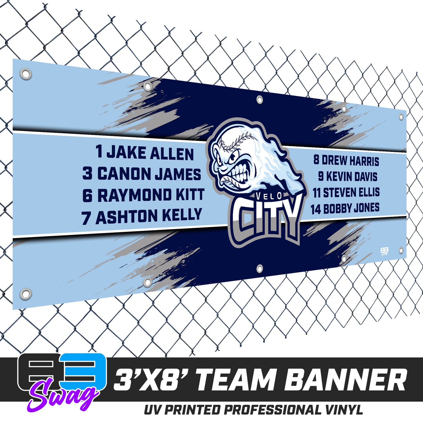 3'x8' Team Vinyl Banner with Roster - Velocity Baseball