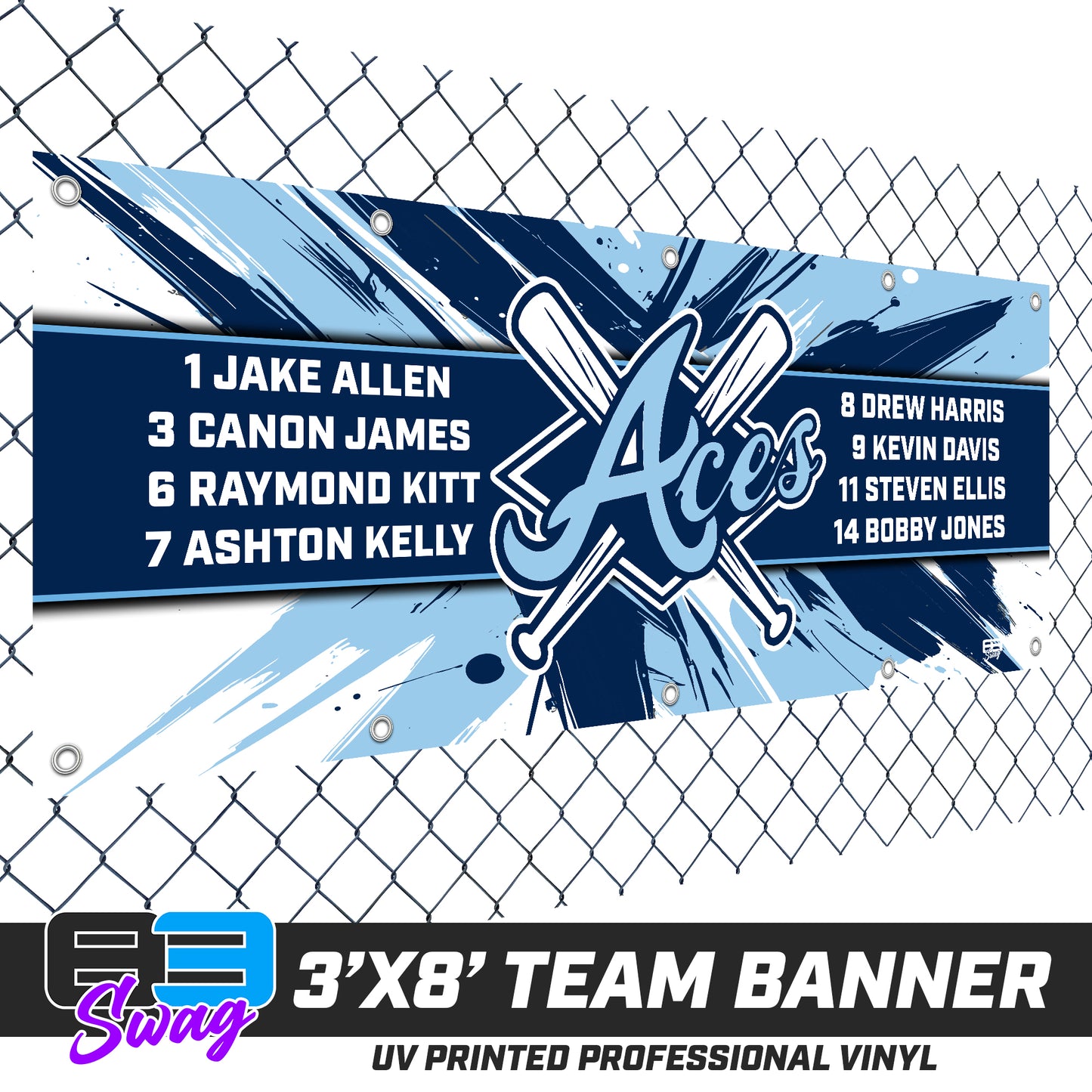 3'x8' Team Vinyl Banner with Roster - Aces Baseball
