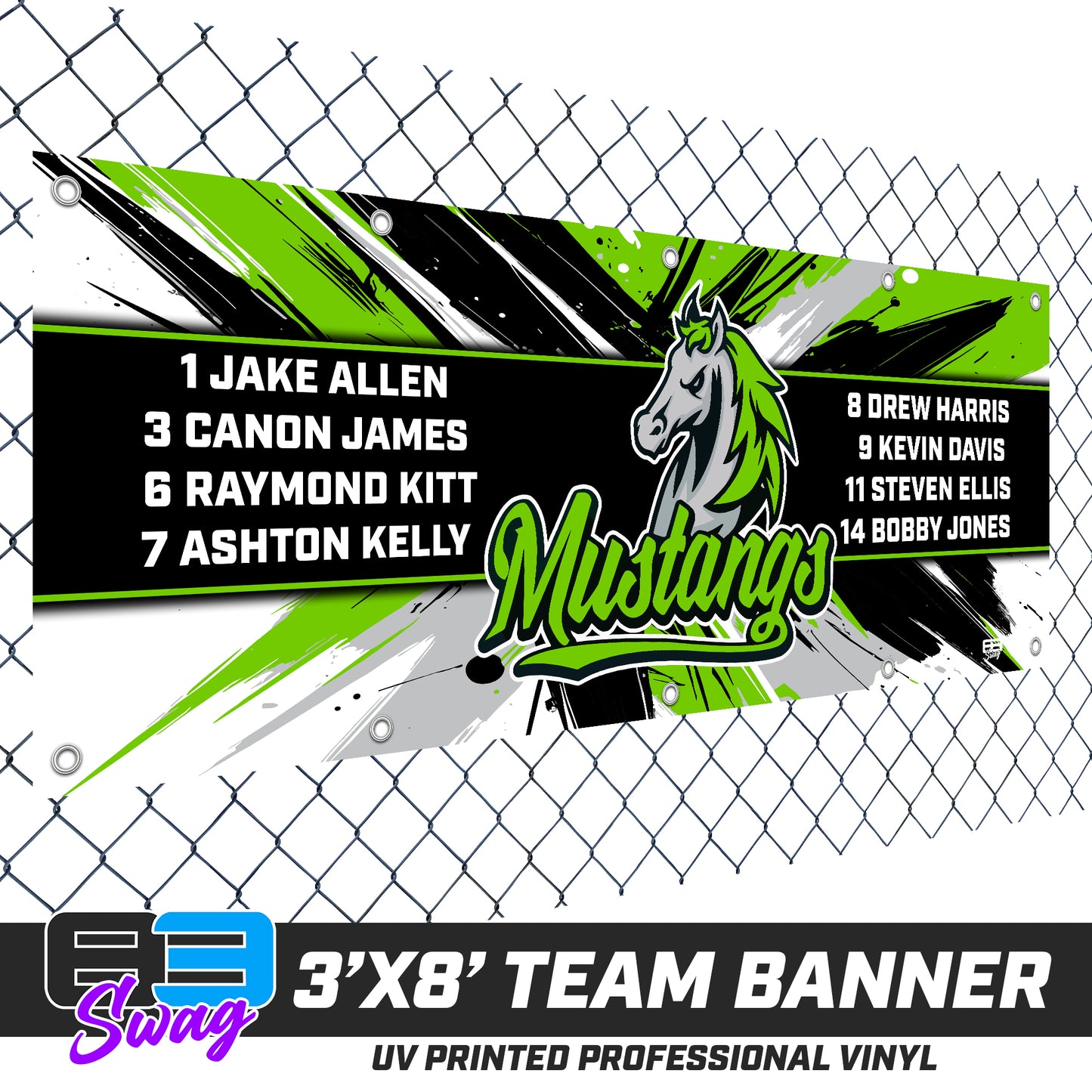 3'x8' Team Vinyl Banner with Roster - Mustangs