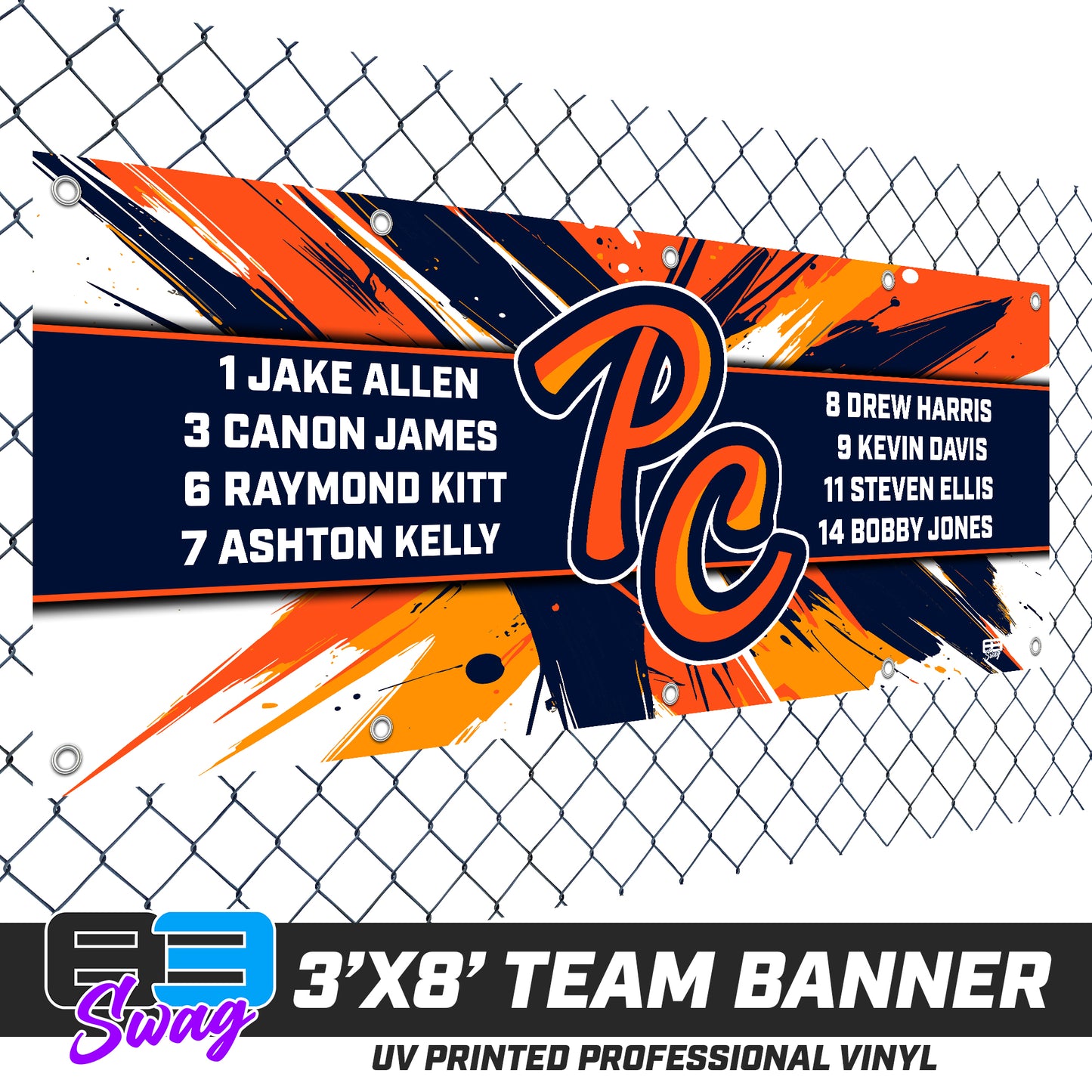 3'x8' Team Vinyl Banner with Roster - Peach Clobbers Baseball V.26