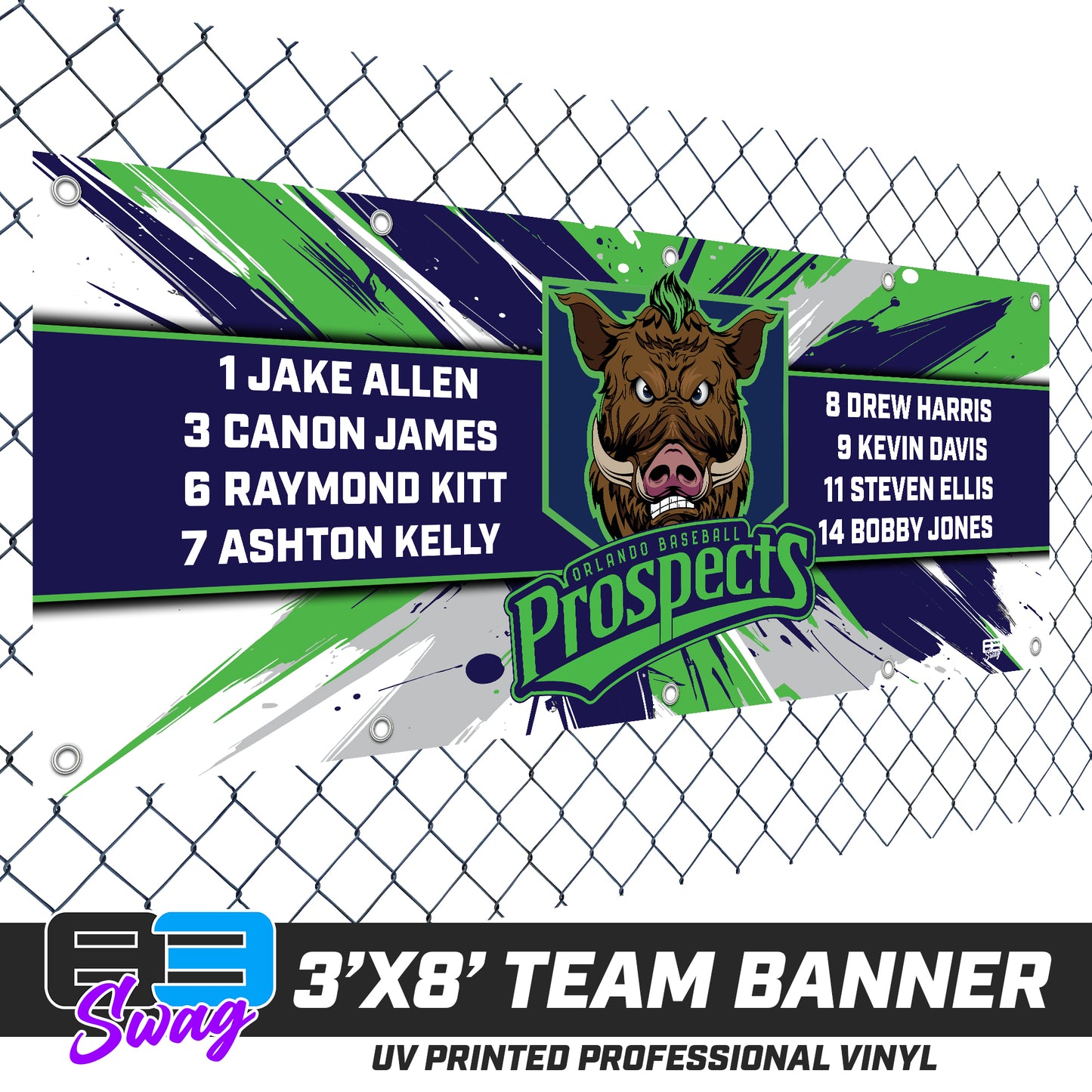 3'x8' Team Vinyl Banner with Roster - Orlando Baseball Prospects - War Hogs V.2016