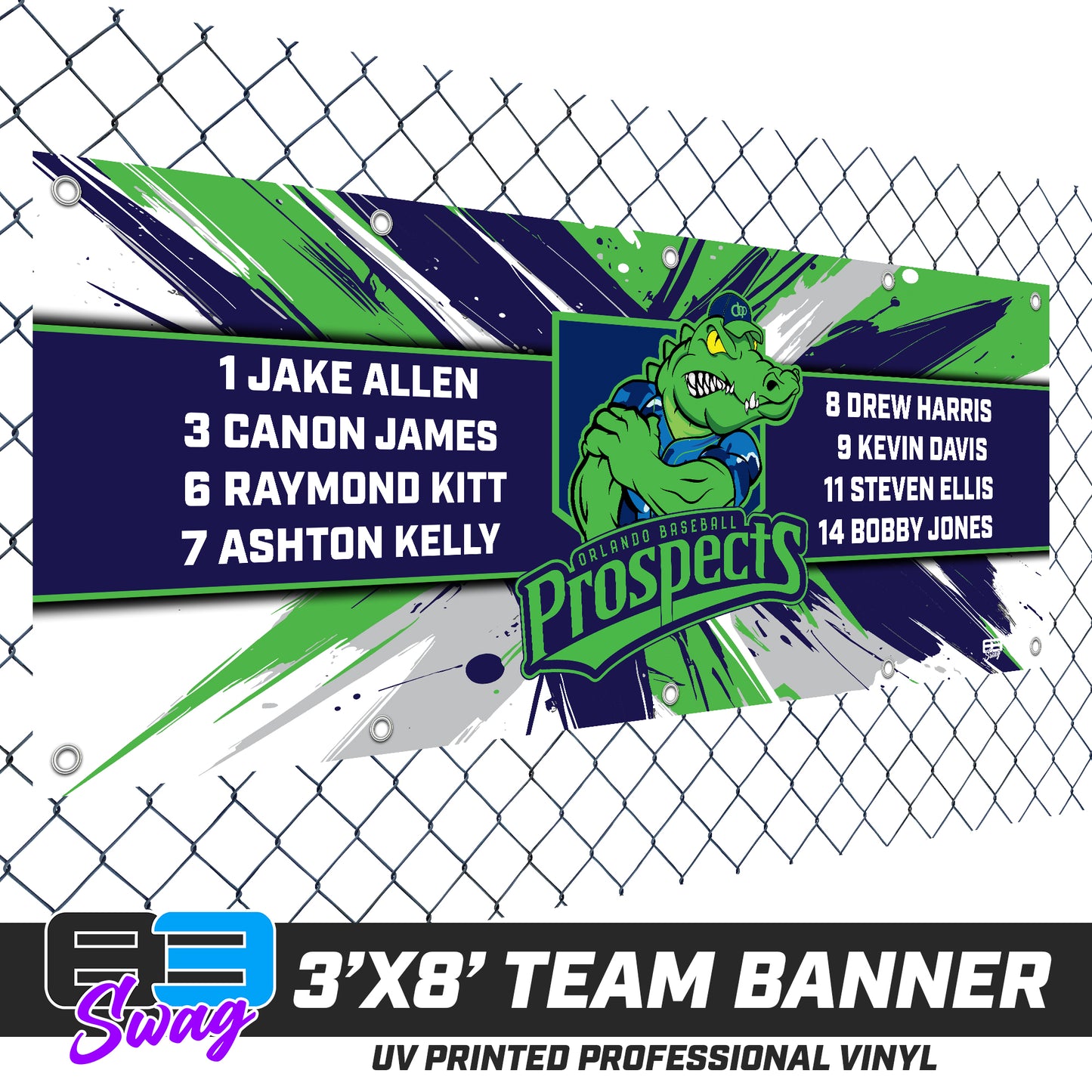 3'x8' Team Vinyl Banner with Roster - Orlando Baseball Prospects - Swamp Kings V.2026