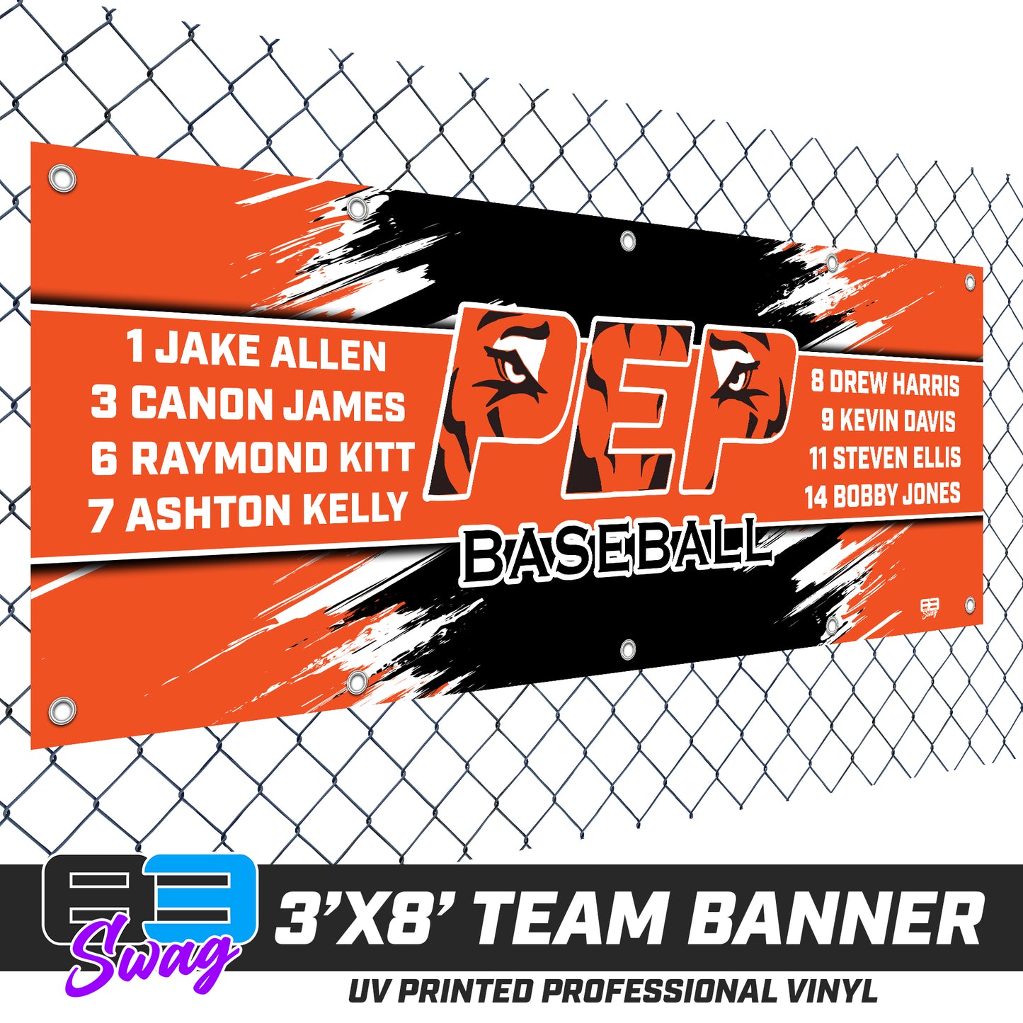 3'x8' Team Vinyl Banner with Roster - PEP Tigers Baseball