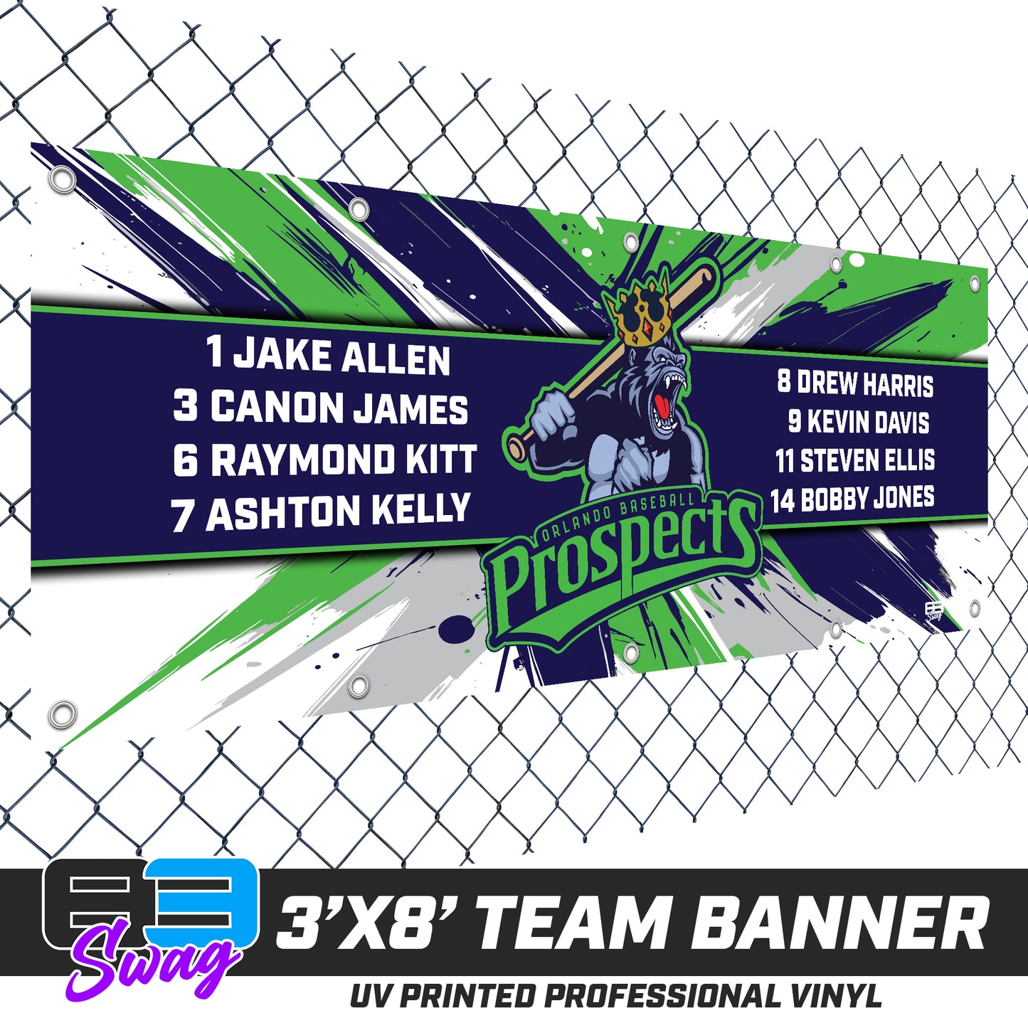 3'x8' Team Vinyl Banner with Roster - Orlando Baseball Prospects - Gorilla Kings V.2026