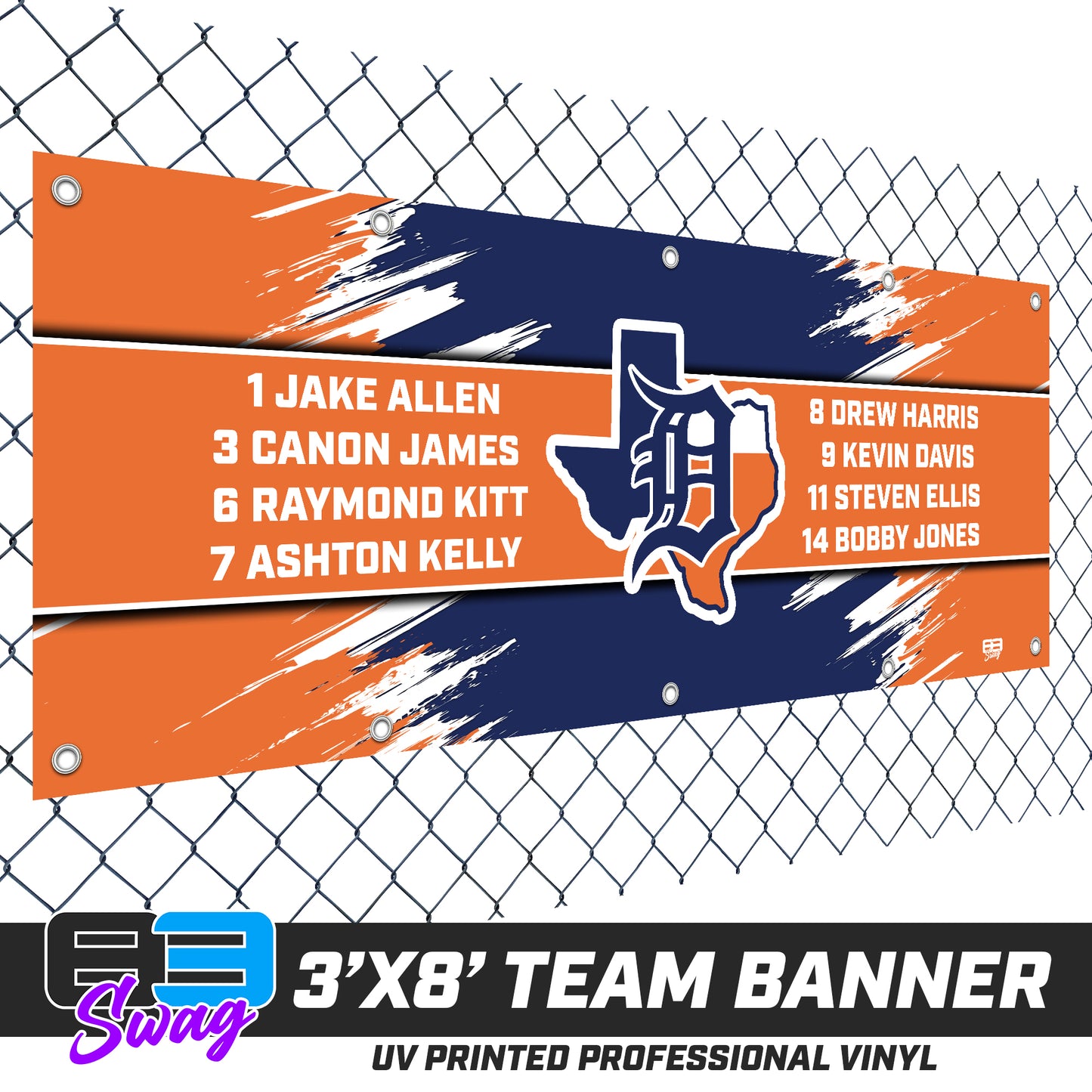 3'x8' Team Vinyl Banner with Roster - Dallas Tigers Baseball