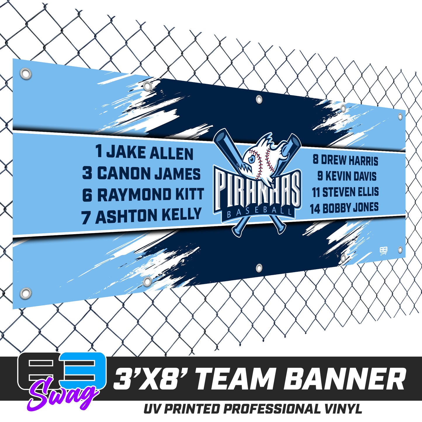 3'x8' Team Vinyl Banner with Roster - Piranhas Baseball