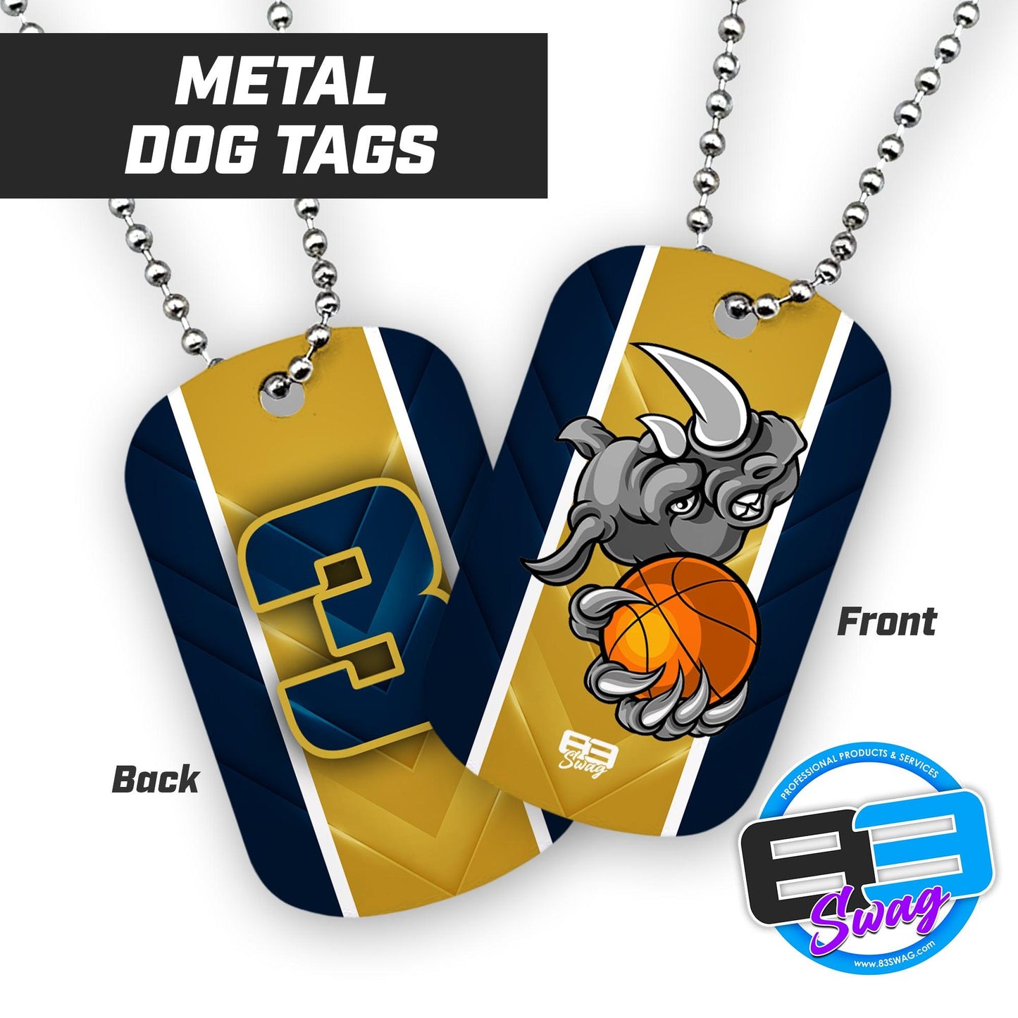 Rhino Basketball - Double Sided Dog Tags - Includes Chain - 83Swag