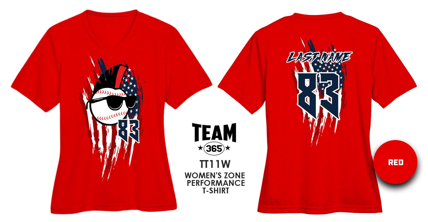 USA THEMED - WOMEN'S Performance T-Shirt - Front & Back Print - Screwballs Baseball - 83Swag