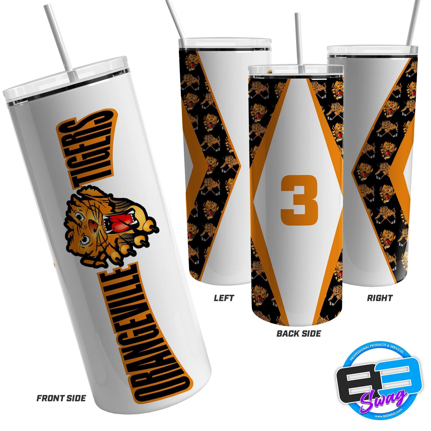 20oz Skinny Tumbler - Orangeville Tigers White - 83Swag