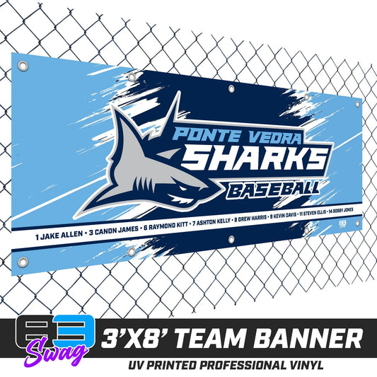 3'x8' Team Vinyl Banner with Roster - Ponte Vedra Sharks Baseball - 83Swag