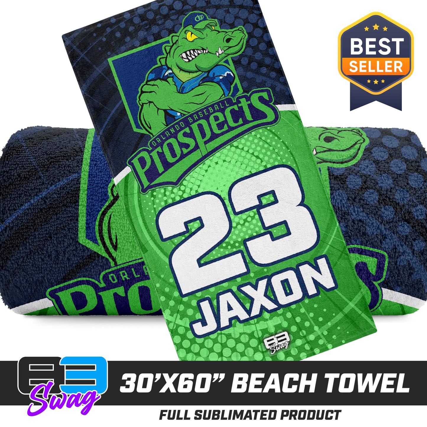 CUSTOM - 30"x60" Beach Towel - Orlando Prospects Baseball - OBP - Swamp Kings