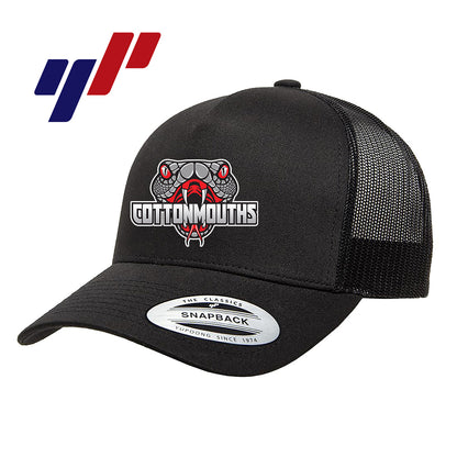 Yupoong 6506 Adult 5-Panel Retro Trucker Cap DTF PRINTED- Black Creek Cottonmouths