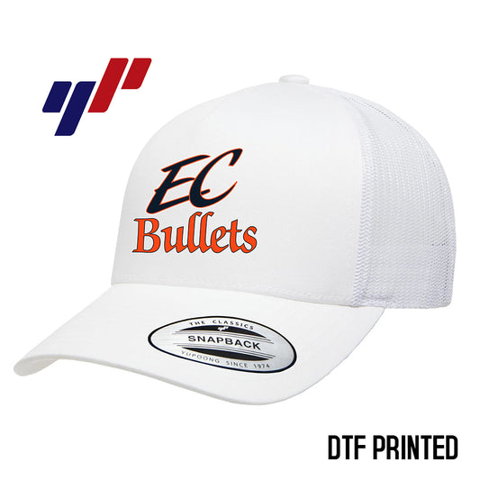Yupoong 6506 Adult 5-Panel Retro Trucker Cap DTF PRINTED- EC Bullets Softball