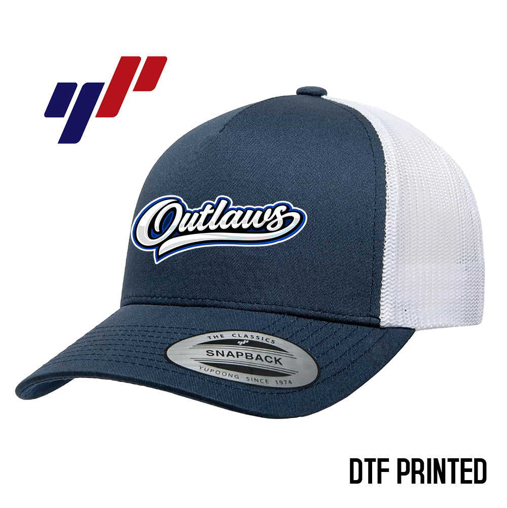 Yupoong 6506 Adult 5-Panel Retro Trucker Cap DTF PRINTED - LBK Outlaws Baseball