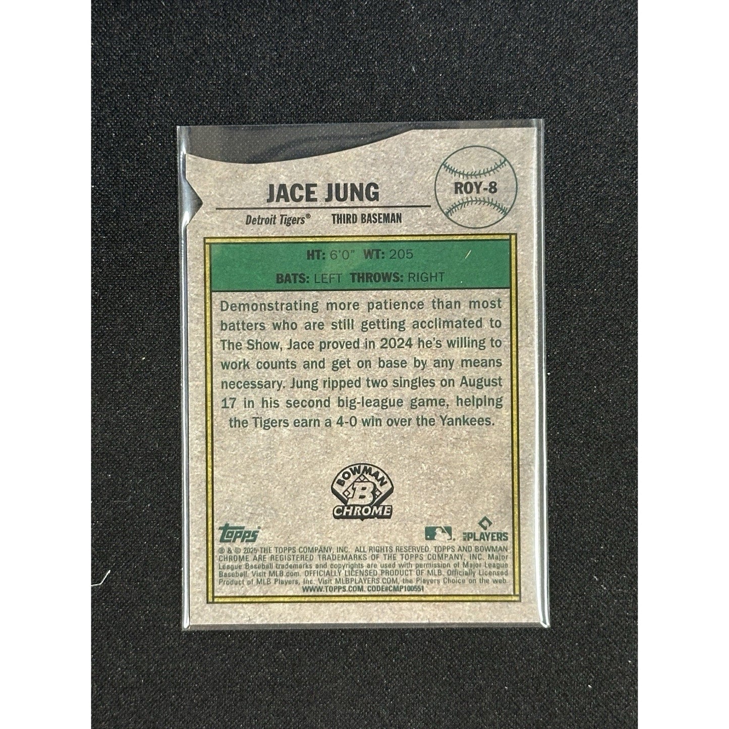 2025 Bowman Jace Jung Rookie Favorites Green Refractor /99 #ROY-8 RC Tigers