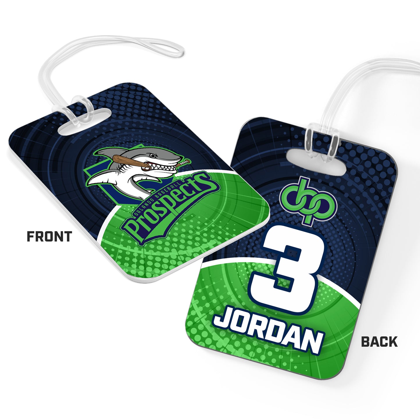 CUSTOM - Hard Acrylic Bag Tag - Orlando Baseball Prospects - OBP - Land Sharks