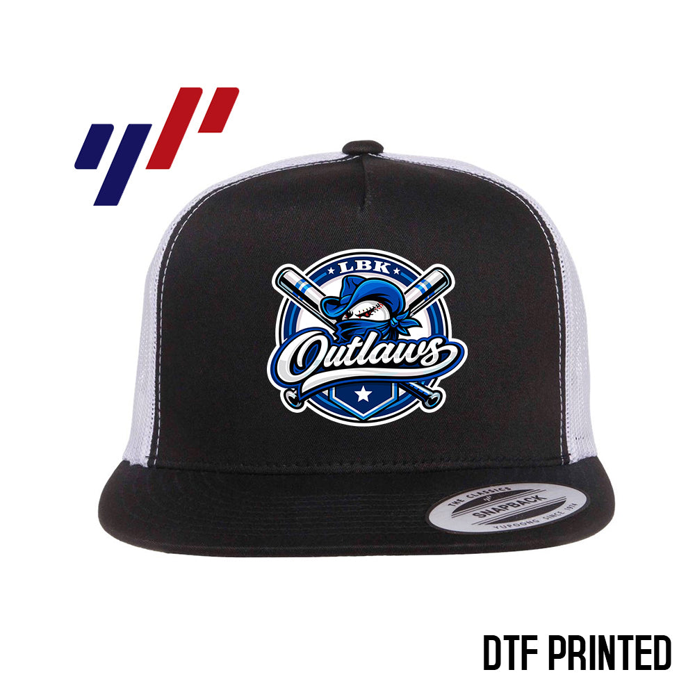 Yupoong 6006 Adult 5-Panel Classic Trucker Hat - DTF PRINTED - LBK Outlaws Baseball