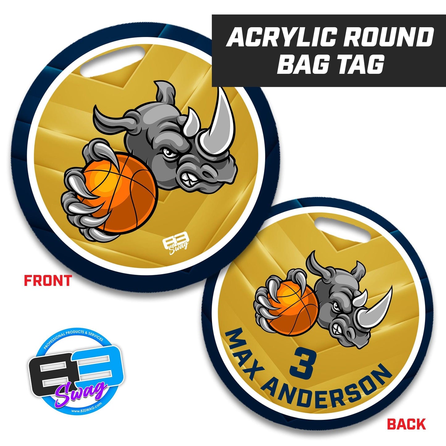 Rhino Basketball - 4" Circle Hard Acrylic Bag Tag