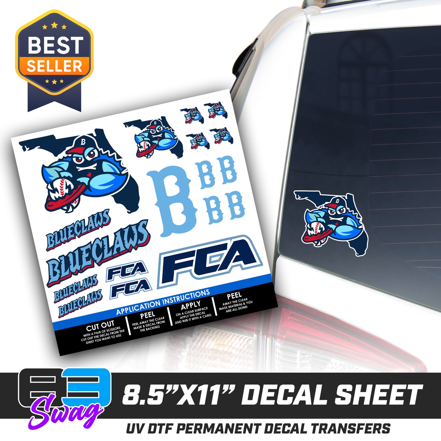 DTF Decal Sheet - 10x10 Sheet - Cut, Peel & Stick! - FCA Blueclaws Baseball
