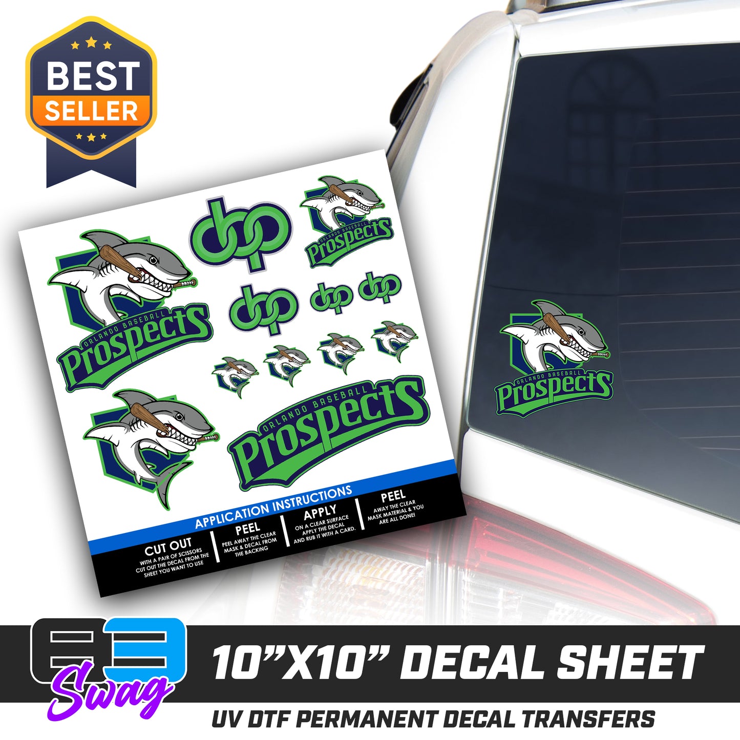 DTF Decal Sheet - 10x10 Sheet - Cut, Peel & Stick! - Orlando Baseball Prospects - OBP - Land Sharks