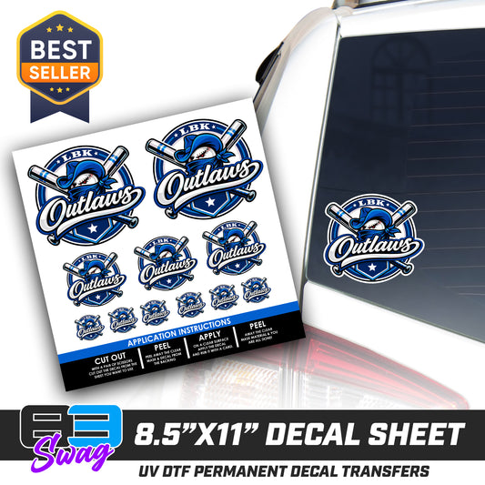 DTF Decal Sheet - 10x10 Sheet - Cut, Peel & Stick! - LBK Outlaws Baseball
