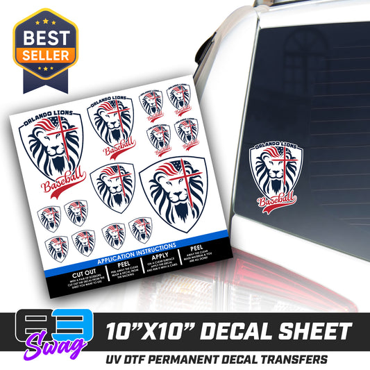 DTF Decal Sheet - 10x10 Sheet - Cut, Peel & Stick! - Orlando Lions Baseball
