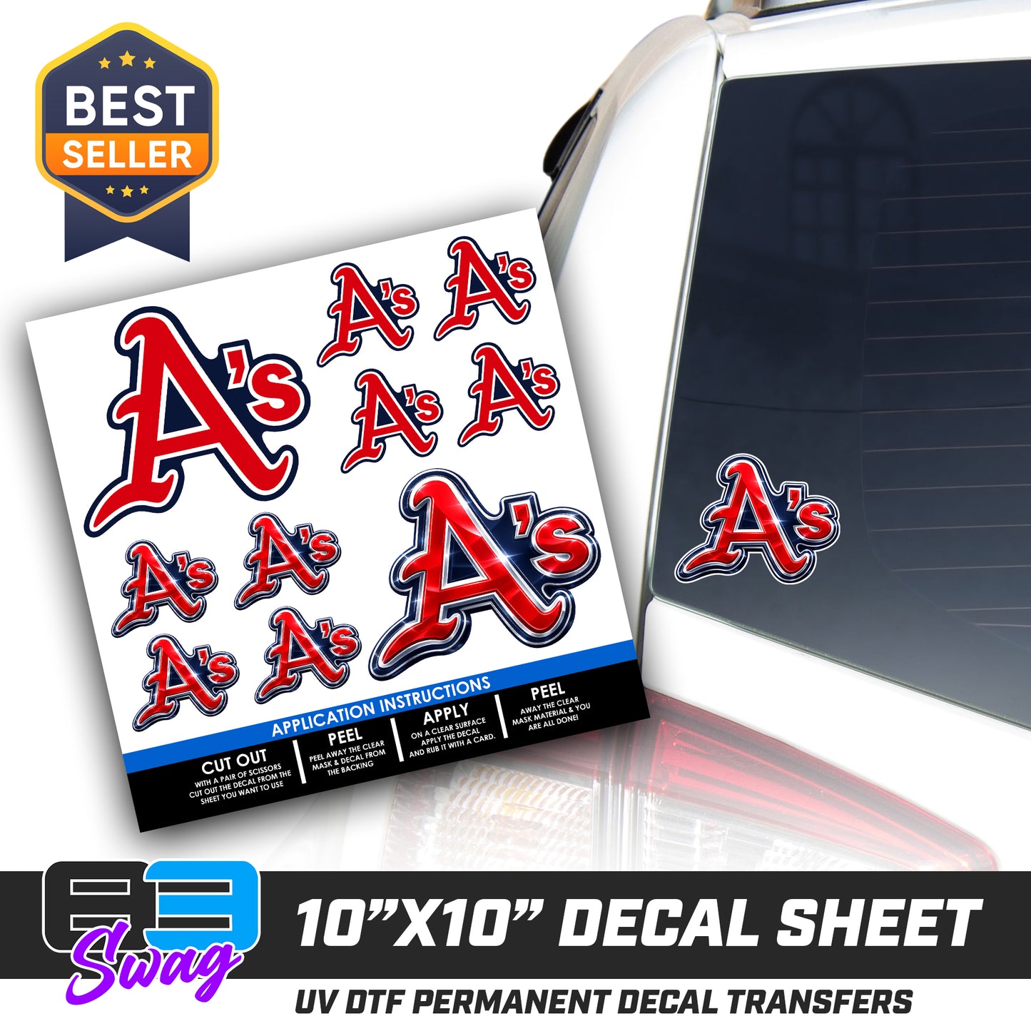 DTF Decal Sheet - 10x10 Sheet - Cut, Peel & Stick! - Little Rock A's Baseball