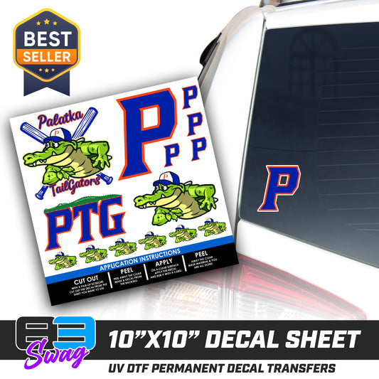DTF Decal Sheet - 10x10 Sheet - Cut, Peel & Stick! - Palatka TailGators Baseball