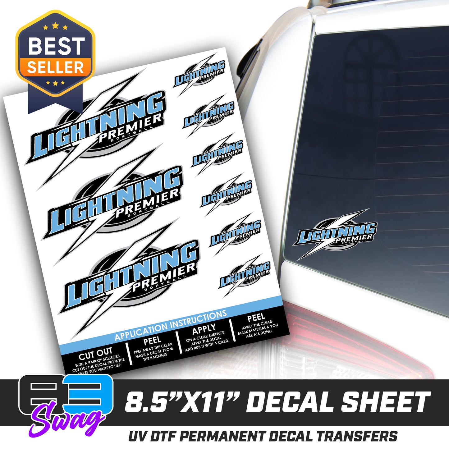 DTF Decal Sheet - 10x10 Sheet - Cut, Peel & Stick! - Lightning Premier Softball