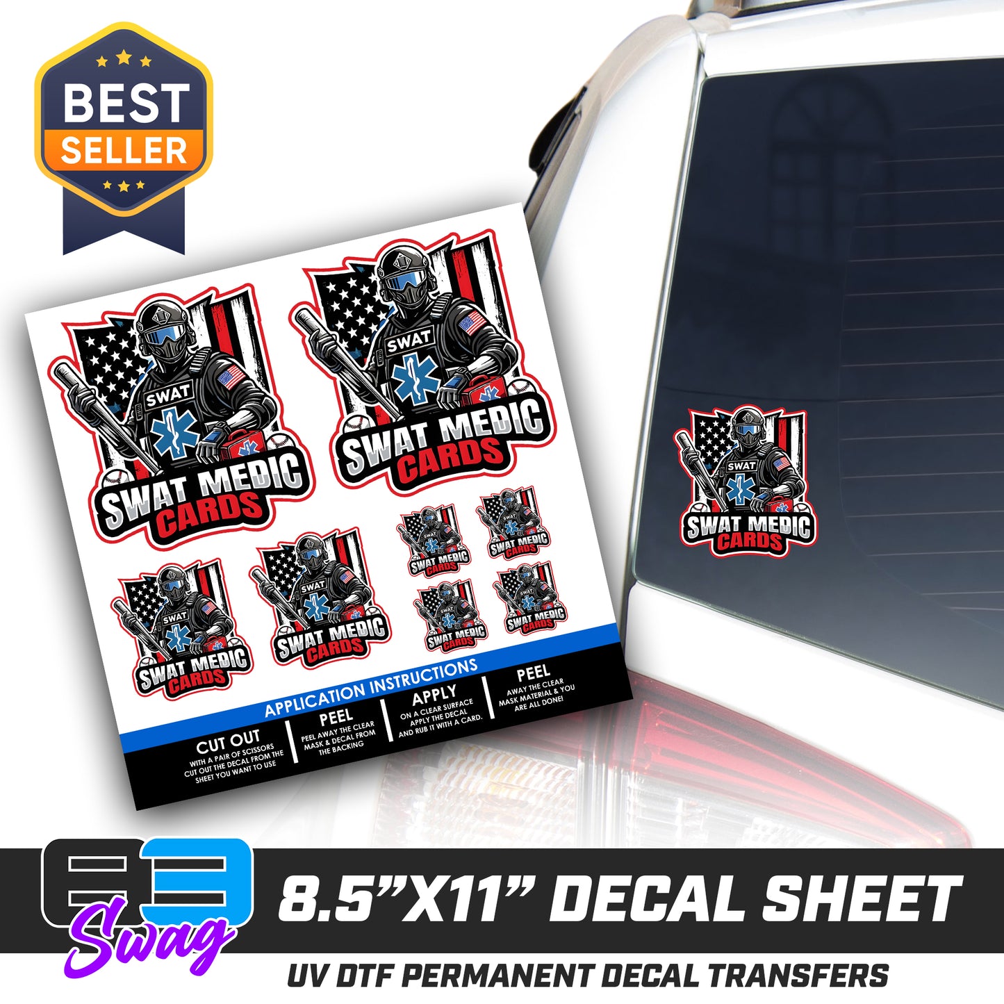 DTF Decal Sheet - 10x10 Sheet - Cut, Peel & Stick! - Swat Medic Cards