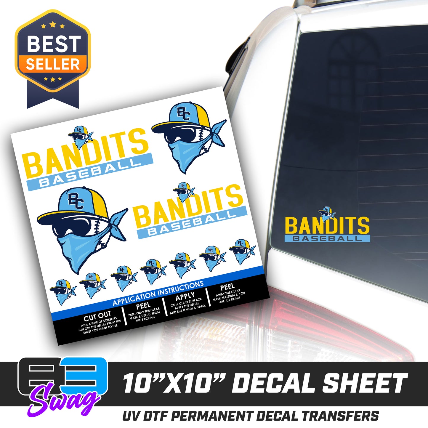 DTF Decal Sheet - 10x10 Sheet - Cut, Peel & Stick! - Bold City Bandits Baseball