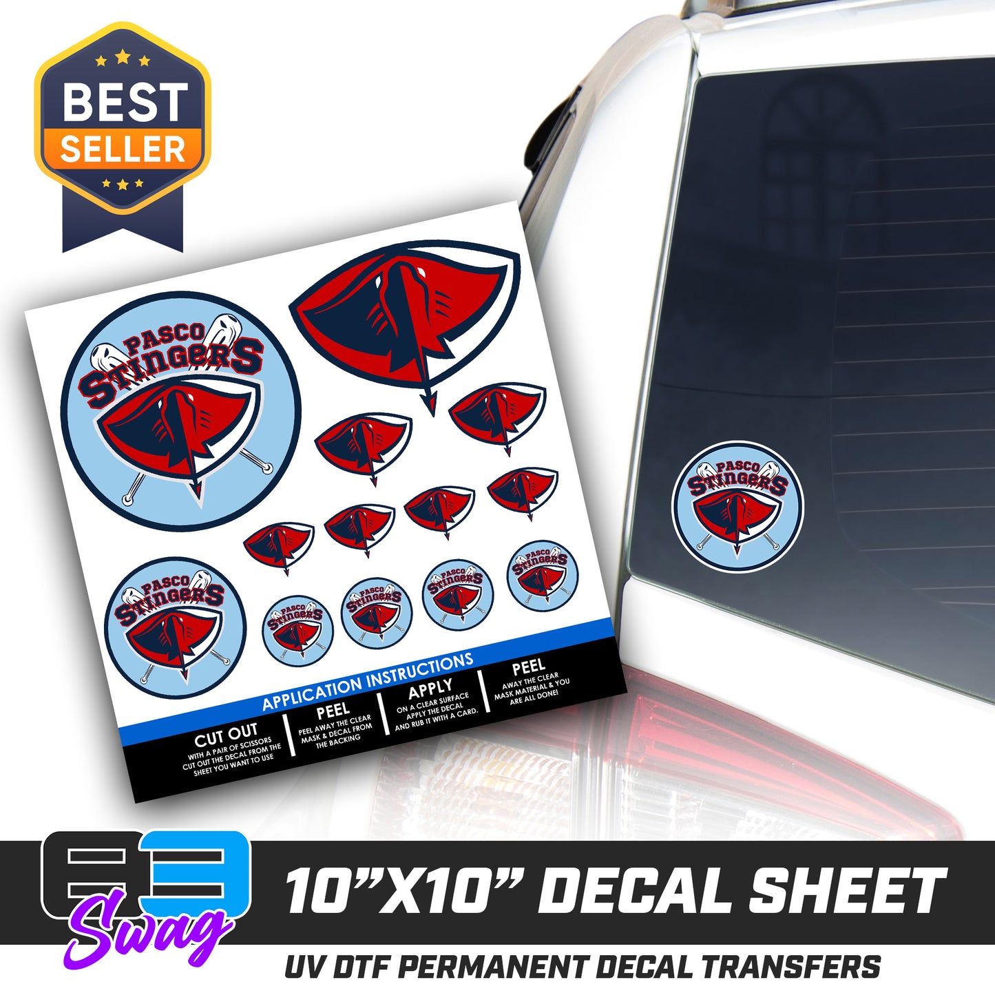 DTF Decal Sheet - 10x10 Sheet - Cut, Peel & Stick! - Pasco Stingers Baseball